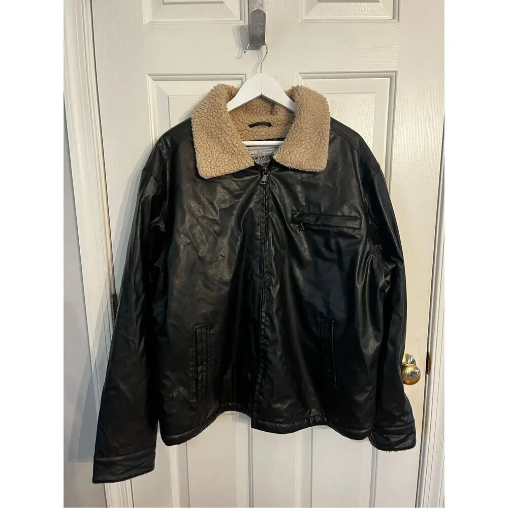 Vintage Sawyer of Napa Black Leather Sherpa Lined Aviator Jacket sz XL (flaw)